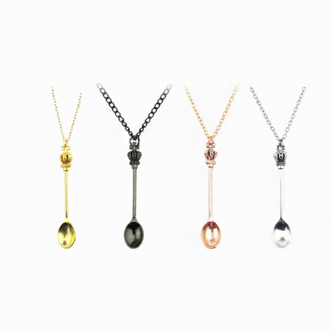 Unisex Mini Tea Spoon Crown Pendant Necklace
